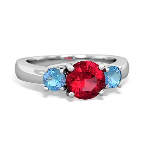 Lab Ruby Lab Created Ruby with Genuine Swiss Blue Topaz and  Three Stone Trellis ring Ring