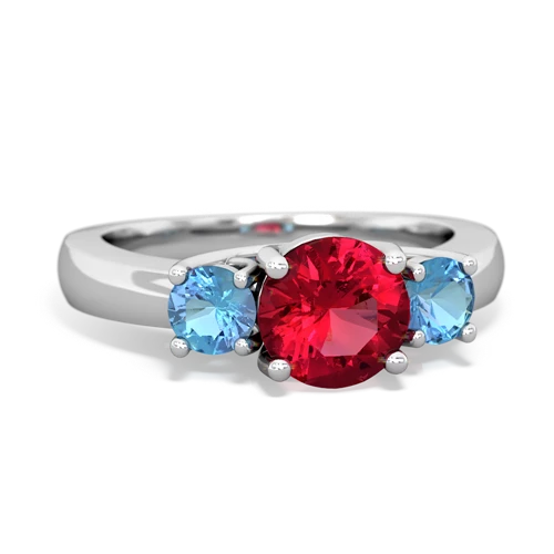 Lab Ruby Lab Created Ruby with Genuine Swiss Blue Topaz and Genuine Swiss Blue Topaz Three Stone Trellis ring Ring