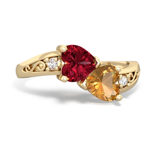 Lab Ruby Lab Created Ruby with Genuine Citrine Snuggling Hearts ring Ring