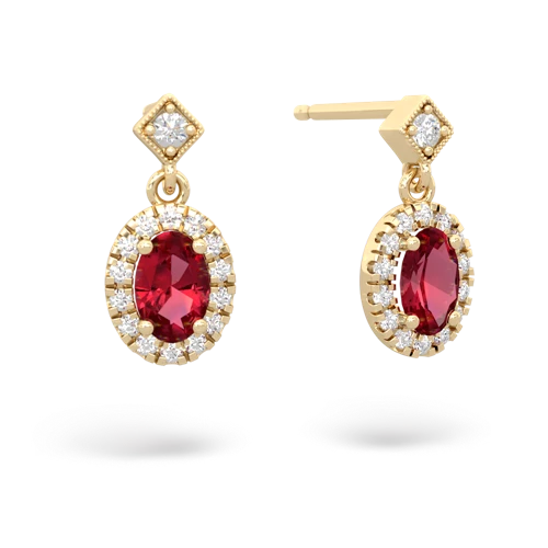 lab ruby halo drop earrings