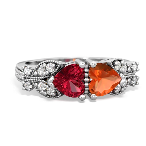 Lab Ruby Lab Created Ruby with Genuine Fire Opal Diamond Butterflies ring Ring