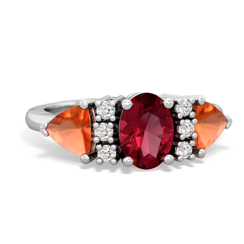 Lab Ruby Lab Created Ruby with Genuine Fire Opal and  Antique Style Three Stone ring Ring