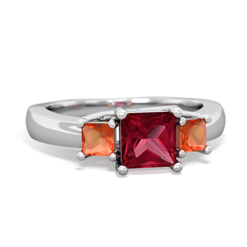 Lab Ruby Lab Created Ruby with Genuine Fire Opal and  Three Stone Trellis ring Ring