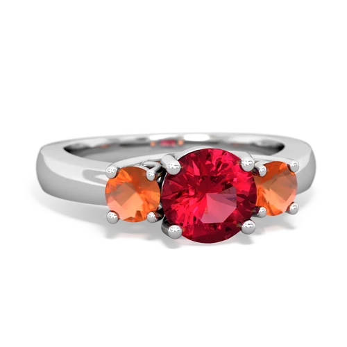 Lab Ruby Lab Created Ruby with Genuine Fire Opal and  Three Stone Trellis ring Ring