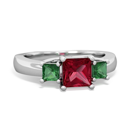 Lab Ruby Lab Created Ruby with Lab Created Emerald and  Three Stone Trellis ring Ring