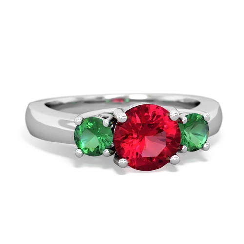 Lab Ruby Lab Created Ruby with Lab Created Emerald and  Three Stone Trellis ring Ring