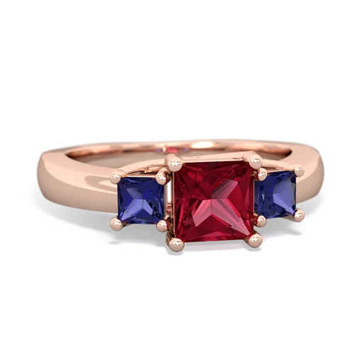 Lab Created Ruby with Lab Created Sapphire and Lab Created Pink Sapphire Three Stone Trellis ring