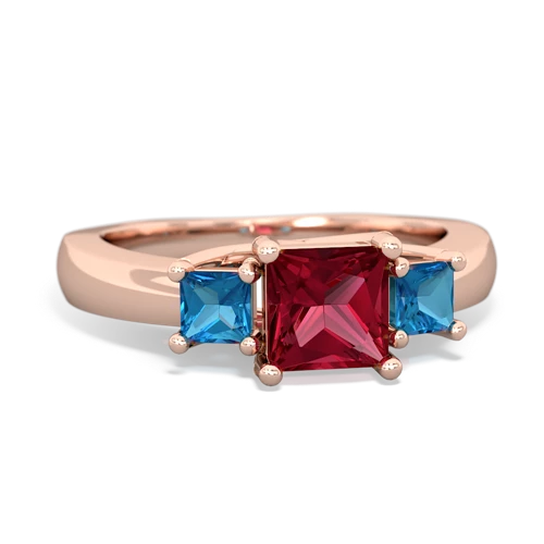 Lab Ruby Lab Created Ruby with Genuine London Blue Topaz and Genuine White Topaz Three Stone Trellis ring Ring