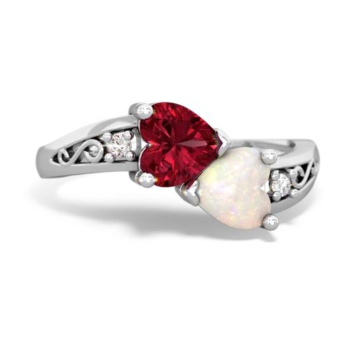 Lab Ruby Lab Created Ruby with Genuine Opal Snuggling Hearts ring Ring