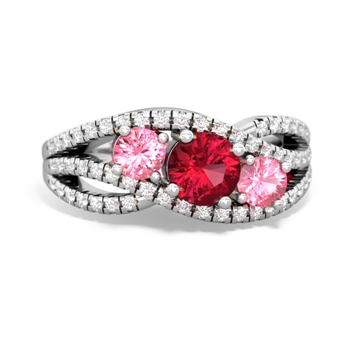 lab ruby-pink sapphire three stone pave ring