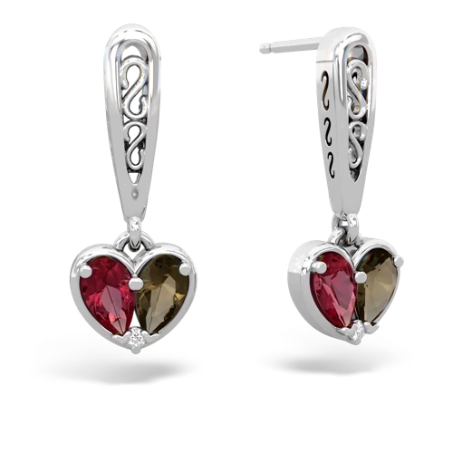 lab ruby-smoky quartz filligree earrings