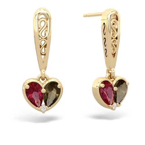 lab ruby-smoky quartz filligree earrings