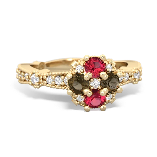 lab ruby-smoky quartz art deco engagement ring