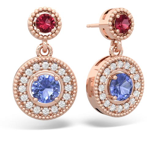 lab ruby-tanzanite halo earrings