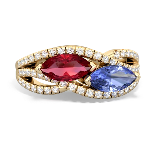 lab ruby-tanzanite double heart ring