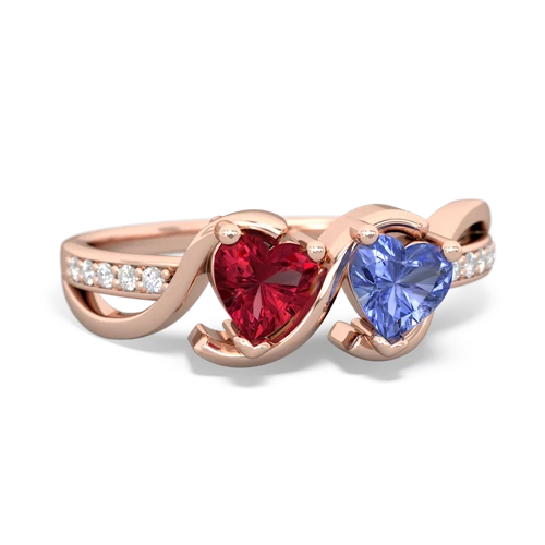 lab ruby-tanzanite double heart ring