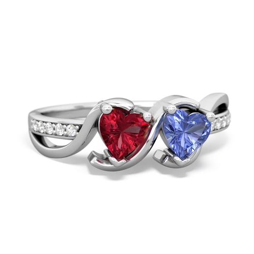 lab ruby-tanzanite double heart ring