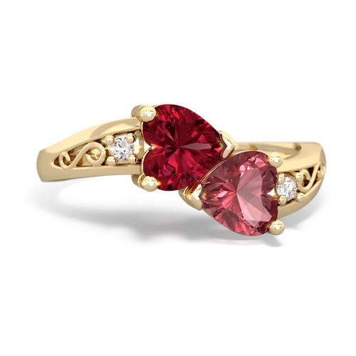 Lab Ruby Lab Created Ruby with Genuine Pink Tourmaline Snuggling Hearts ring Ring