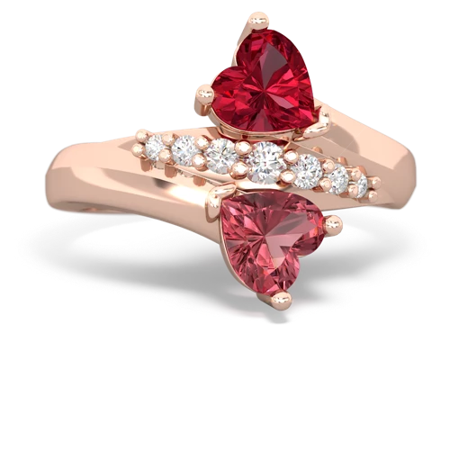 Lab Ruby Lab Created Ruby with Genuine Pink Tourmaline Heart to Heart Bypass ring Ring