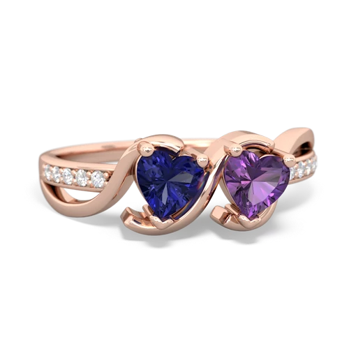 lab sapphire-amethyst double heart ring