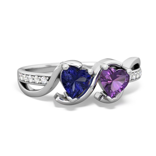 lab sapphire-amethyst double heart ring