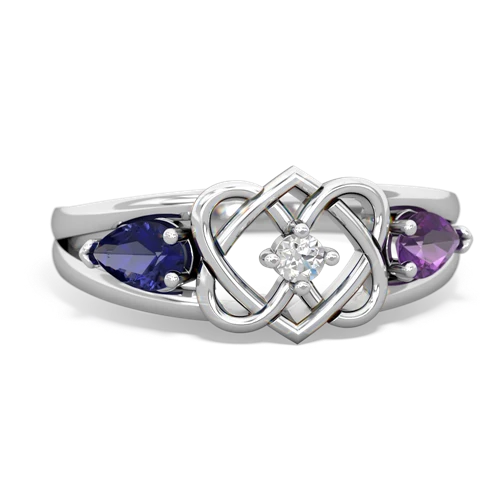 lab sapphire-amethyst double heart ring