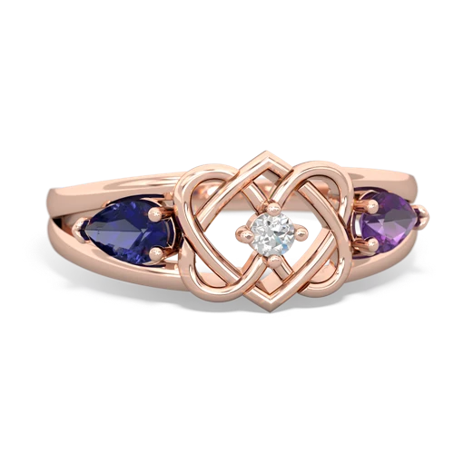 lab sapphire-amethyst double heart ring