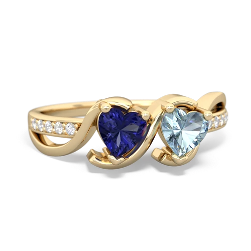 lab sapphire-aquamarine double heart ring