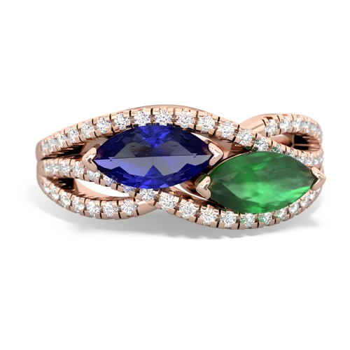 lab sapphire-emerald double heart ring