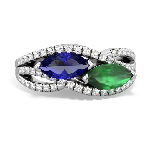 lab sapphire-emerald double heart ring