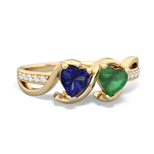 lab sapphire-emerald double heart ring