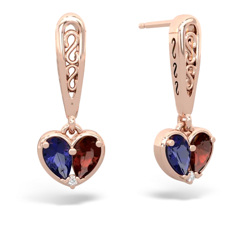 lab sapphire-garnet filligree earrings