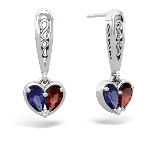 lab sapphire-garnet filligree earrings