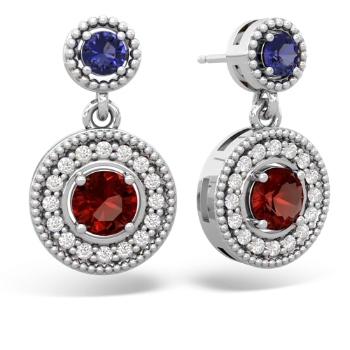 lab sapphire-garnet halo earrings