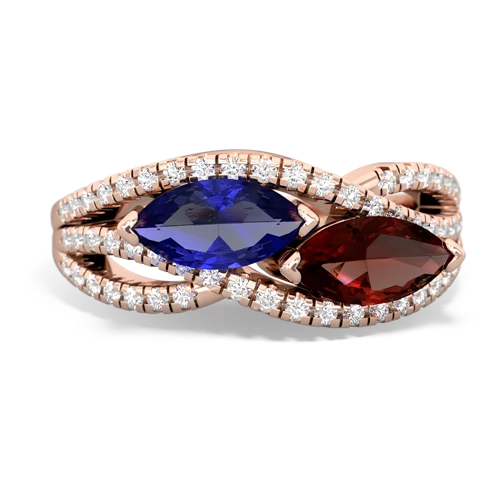 lab sapphire-garnet double heart ring