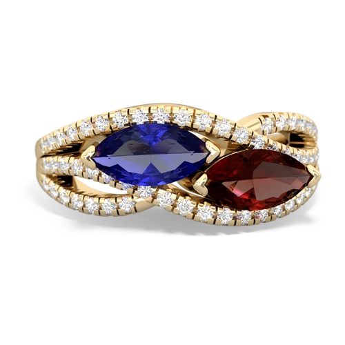 lab sapphire-garnet double heart ring