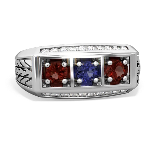 lab sapphire-garnet three stone ring