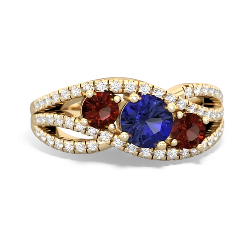 lab sapphire-garnet three stone pave ring