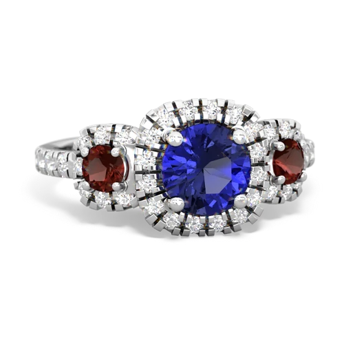 lab sapphire-garnet three stone regal ring