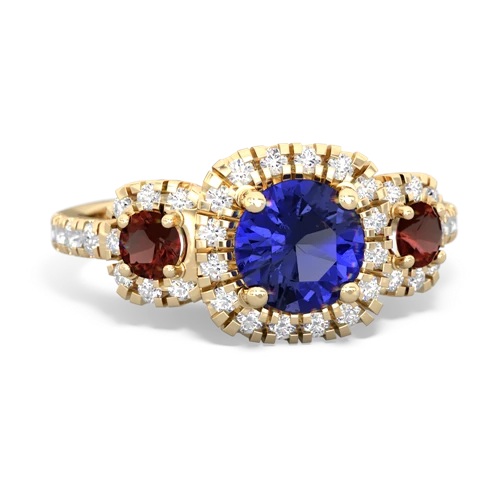 lab sapphire-garnet three stone regal ring