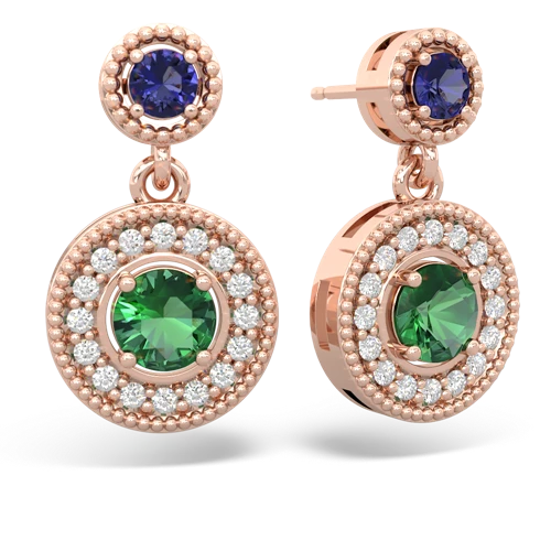 lab sapphire-lab emerald halo earrings