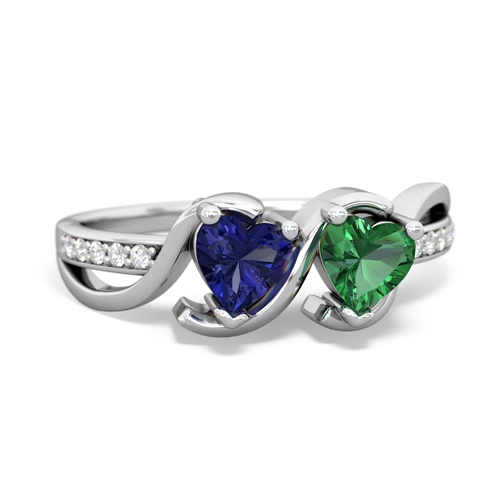 lab sapphire-lab emerald double heart ring