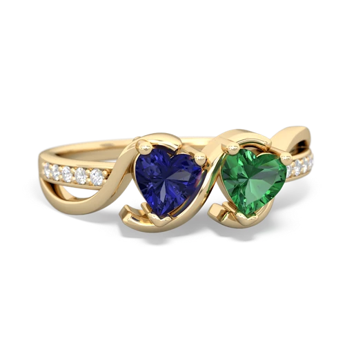 lab sapphire-lab emerald double heart ring