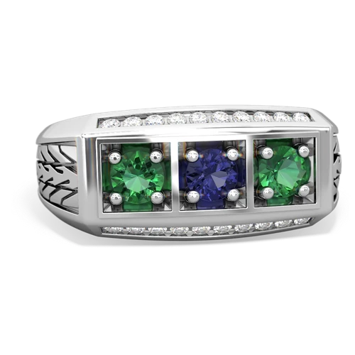 lab sapphire-lab emerald three stone ring