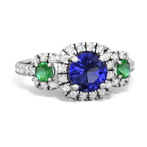 lab sapphire-lab emerald three stone regal ring