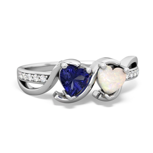 lab sapphire-opal double heart ring