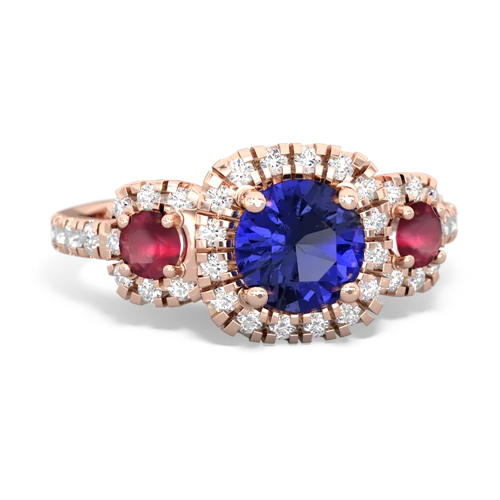 lab sapphire-ruby three stone regal ring
