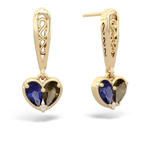 lab sapphire-smoky quartz filligree earrings
