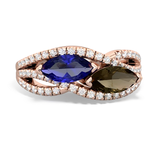 lab sapphire-smoky quartz double heart ring