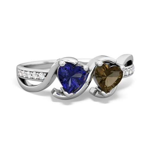 lab sapphire-smoky quartz double heart ring